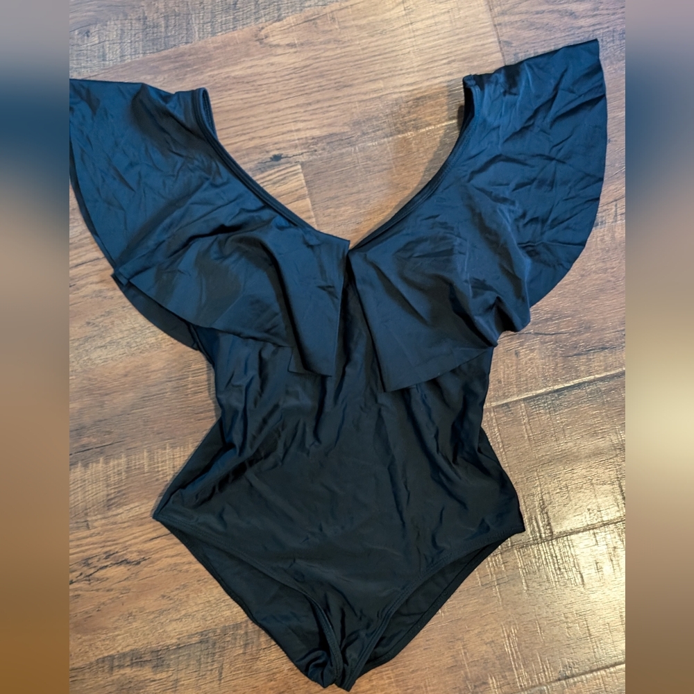 Tempt Me flounce sleeve women's one piece swimsuit, black, size medium